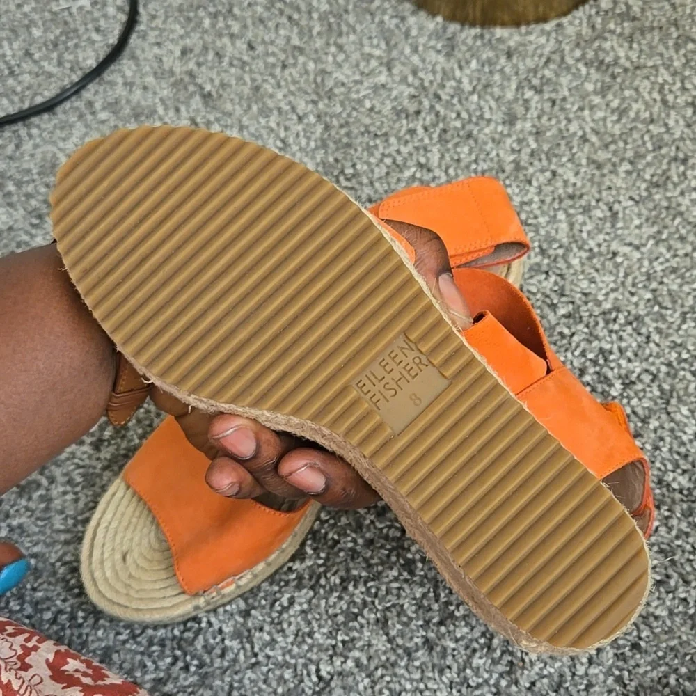 Eileen Fisher Orange Willow Tumbled Leather Wedge Espadrille Summer Shoes